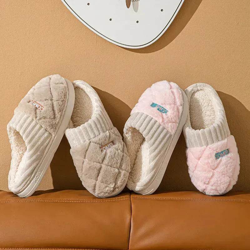 Solid Rhombic Letter Home Slippers Winter Warm Non-slip Floor Bedroom Plush Slipper For Couple House Shoes Women Men - EX-STOCK Canada