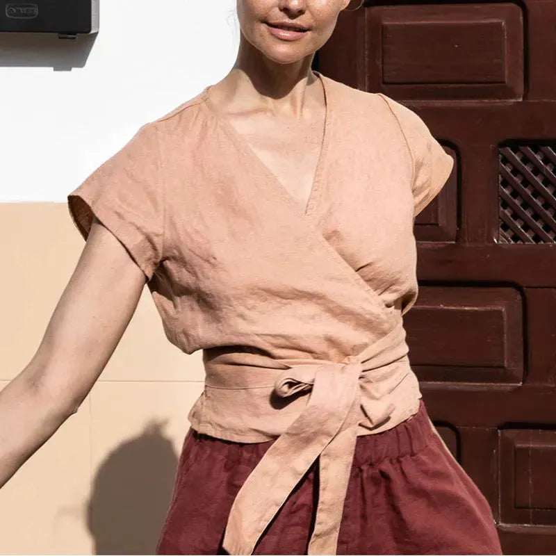 Casual Summer Lace-up Cotton Linen V-neck Top Short-sleeved blouse top women - EX-STOCK CANADA