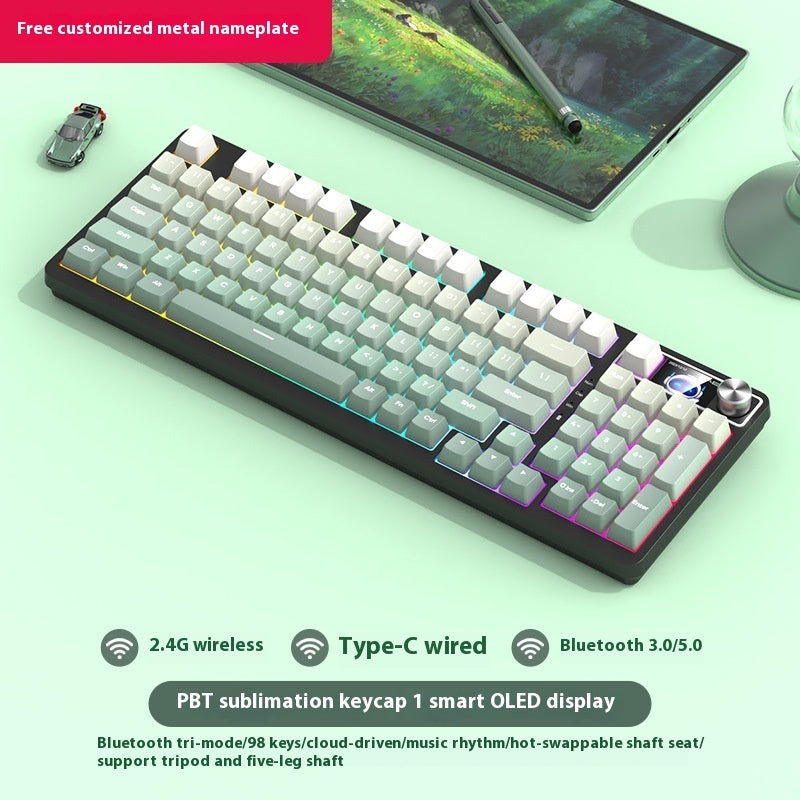 Mechanical keyboard with RGB lighting on a light green surface, featuring text about connectivity options and features.