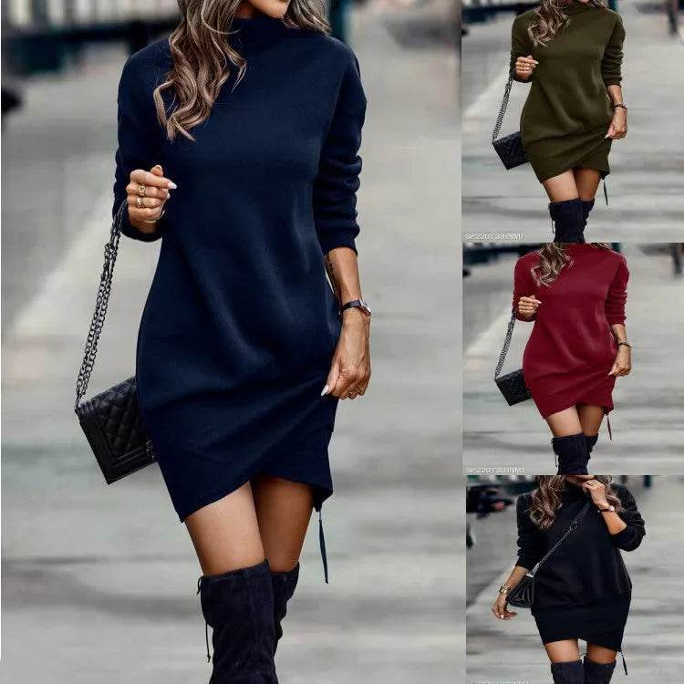 Long Sleeve Dress Solid Color High Neck Cross Short Cashmere Dress for Women - EX-STOCK Canada