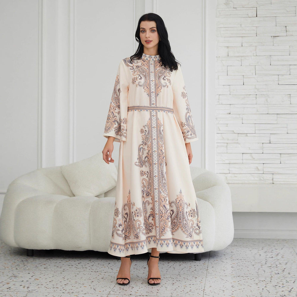 Stand Collar Printing Long Retro Muslim Dress - EX-STOCK Canada