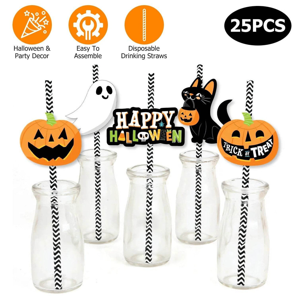 Set Of 25Pcs Halloween Party Striped Decorative Straws Disposable Drinking Straws Paper Straw Decor Happy Halloween Ghost Lantern Black Cat Halloween Party Supplies - EX-STOCK Canada