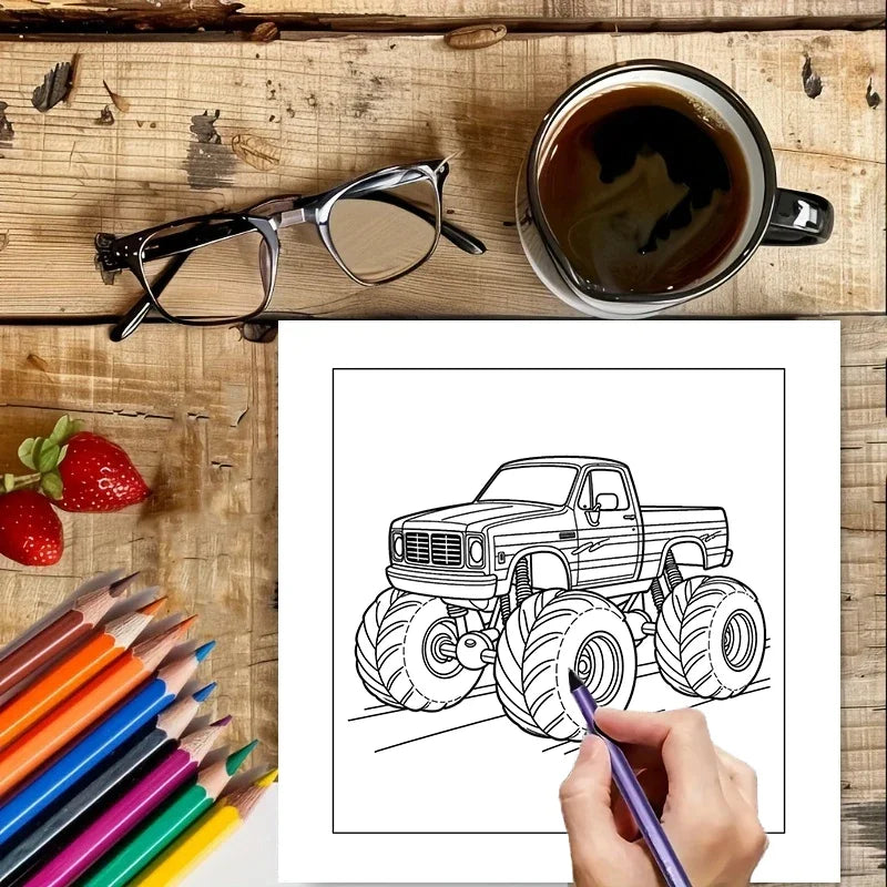 كتاب تلوين مع تصميم شاحنة، أقلام تلوين، فنجان قهوة، ونظارات على سطح خشبي.