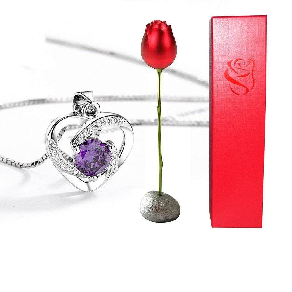 Valentines Day Gift Heart Shaped Blue Purple Crystal Diamond Pendant Rose Head Necklace - EX-STOCK Canada