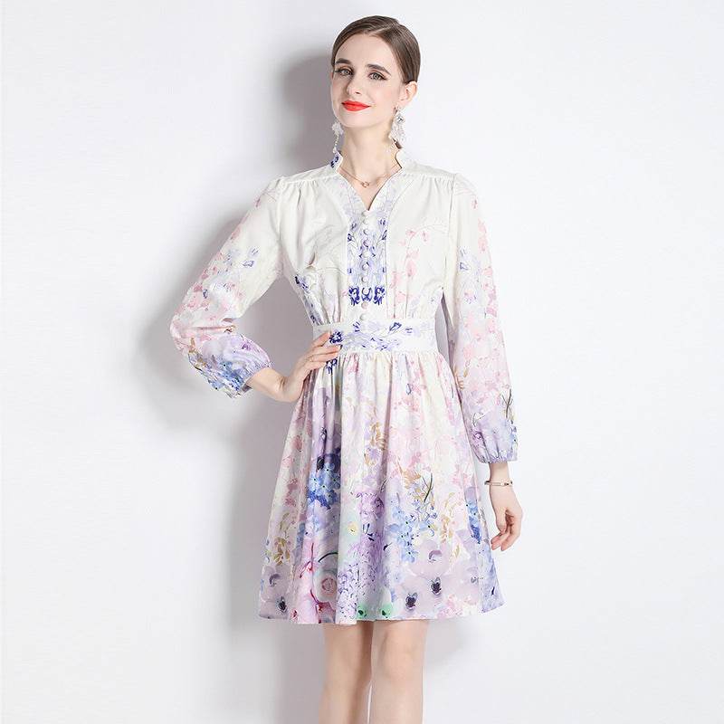 Elegant V-neck Vintage Floral Print Long Sleeves Dress Spring - EX-STOCK Canada