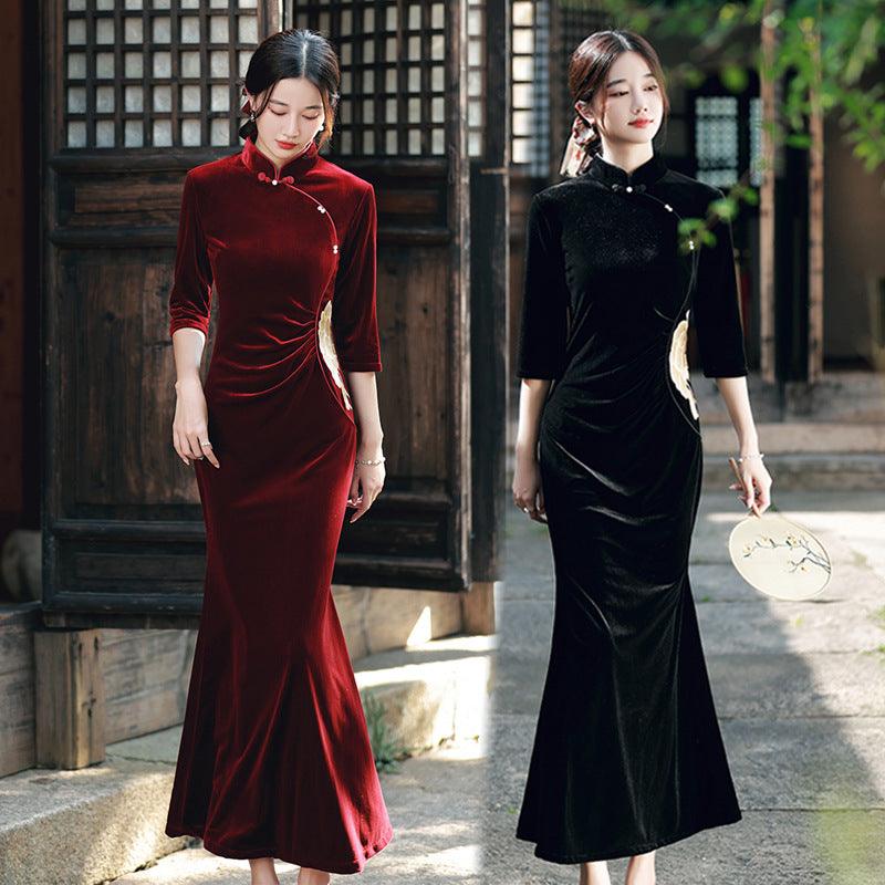Improved Chinese-style Velvet Embroidered Dress Slim Dress EX-STOCK Canada