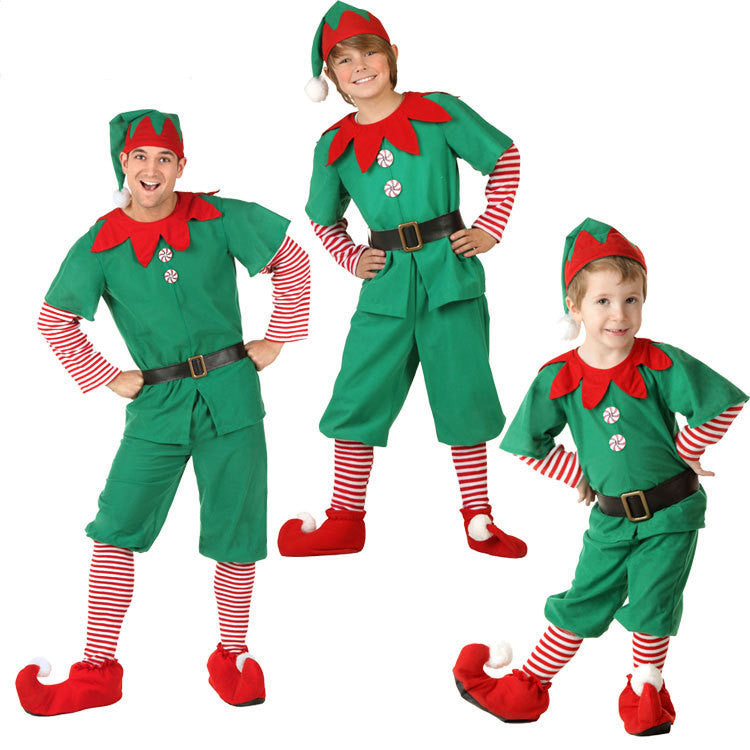 Three people wearing green elf costumes with red accents on a white background