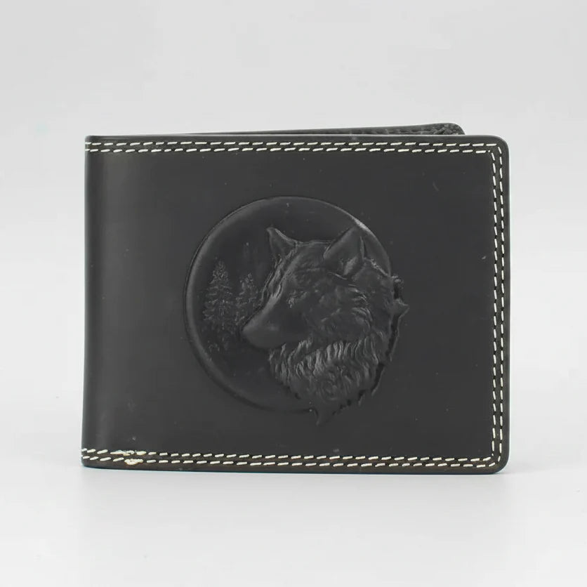 Portefeuille Bifold pour hommes en cuir de vache embossé motif loup