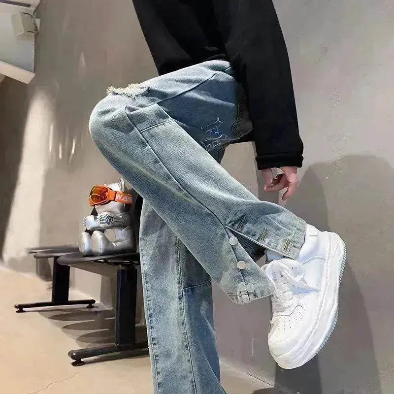 American Letter Embroidered Jeans High Street Fashion Brand Hip Hop Straight-leg Pants - EX-STOCK Canada