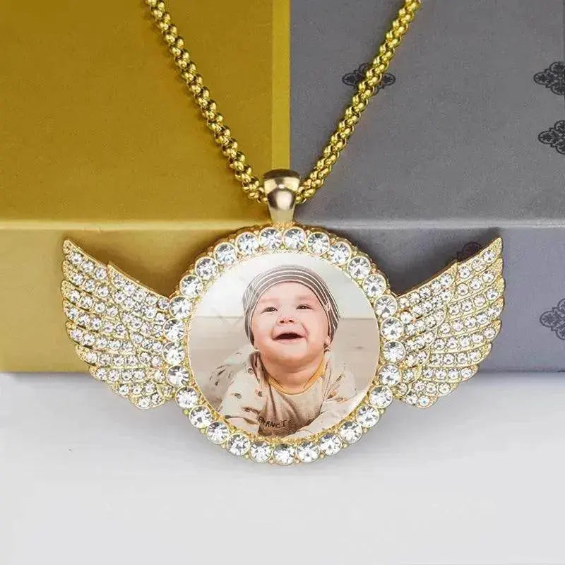 Angel Wings Medallions Custom Photo Pendant Necklace For Men Hip Hop Jewelry Iced Out Pendant Custom Engraved Name Memory Gift - EX-STOCK Canada