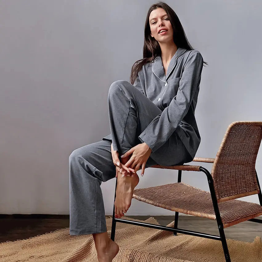 Autumn New French Simplicity Comfortable Thermal Knitting Cotton Silk Long-sleeved Pajamas For Women - EX-STOCK Canada