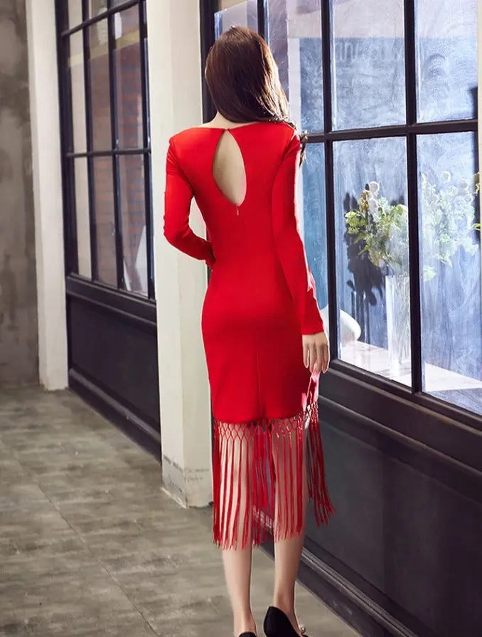 Autumn and winter women V-neck long-sleeved tassel bag hip slim slimming dress - EX-STOCK Canada