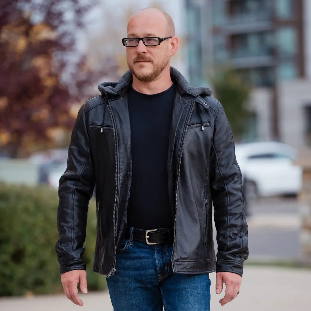 Veste en cuir pour hommes BOL avec capuche et col à pression