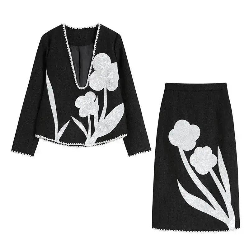 Manteau croisé en velours noir et blanc à col en V avec jupe assortie à contraste de couleurs - EX-STOCK Canada