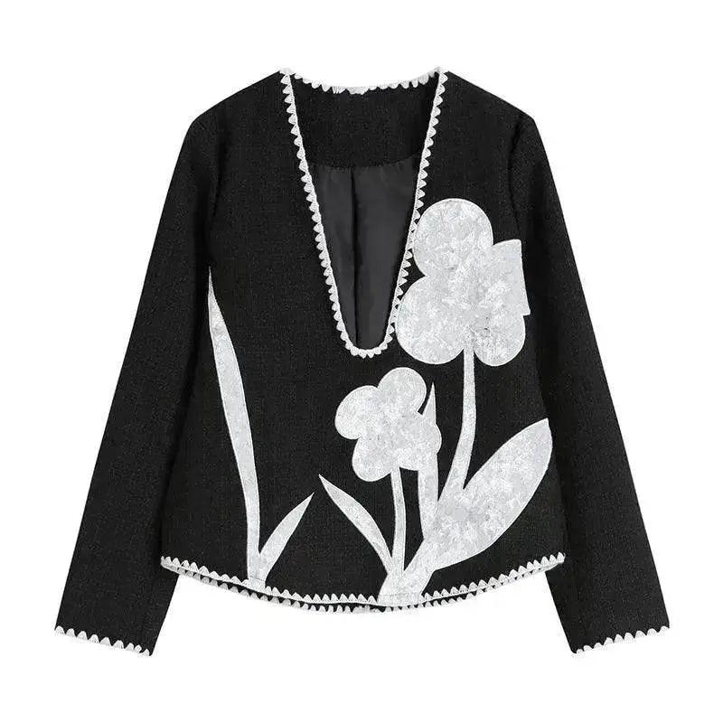 Manteau croisé en velours noir et blanc à col en V avec jupe assortie à contraste de couleurs - EX-STOCK Canada