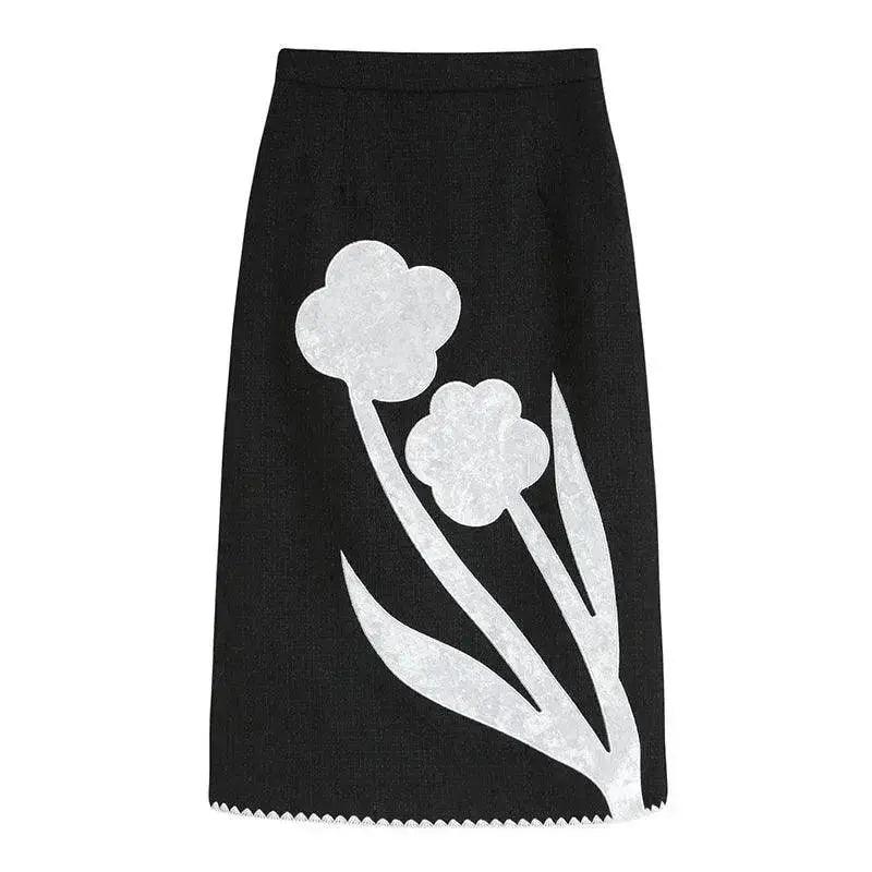 Manteau croisé en velours noir et blanc à col en V avec jupe assortie à contraste de couleurs - EX-STOCK Canada