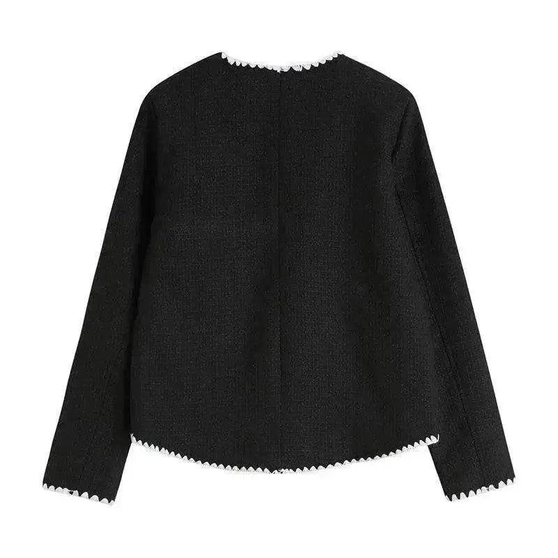 Manteau croisé en velours noir et blanc à col en V avec jupe assortie à contraste de couleurs - EX-STOCK Canada