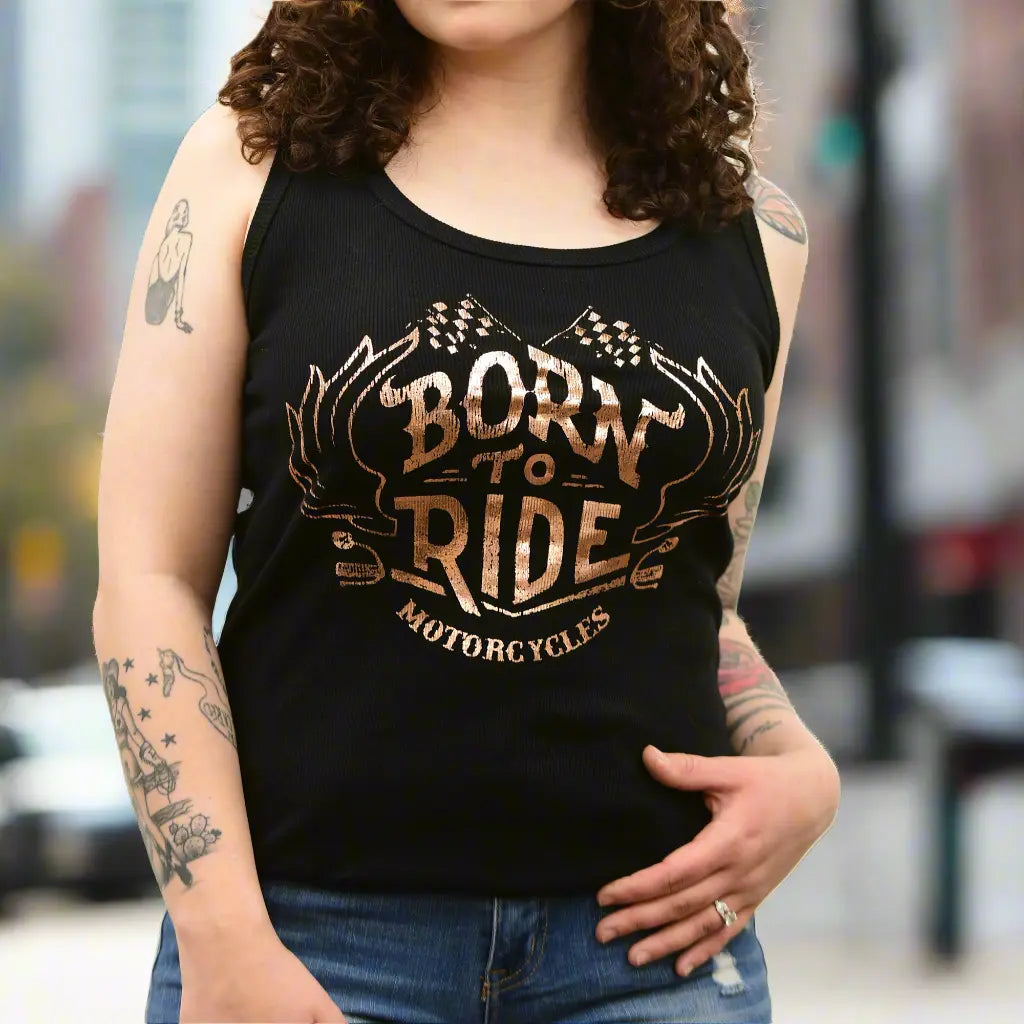 Camiseta sin mangas 'Born to Ride Motorcycles' con detalles de encaje en la espaldaEX-STOCK Canada