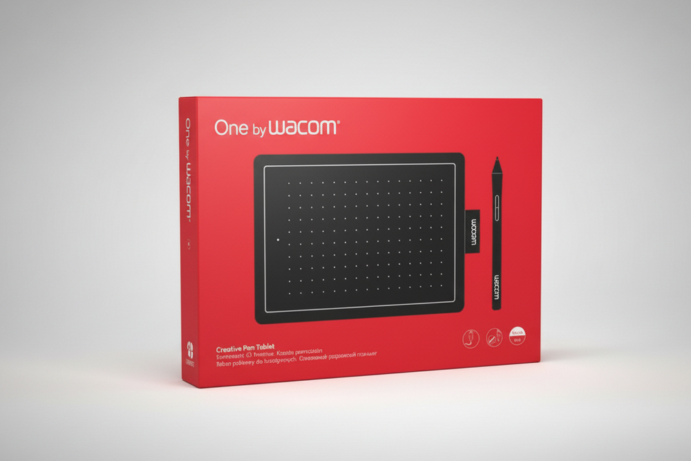 صندوق بيع تجزئة Wacom One بواسطة Wacom Creative Pen Tablet باللون الأحمر الفاتح مع رسم توضيحي للوحة سوداء وصورة قلم رقمي على الأمام، مصور على خلفية استوديو رمادية فاتحة.