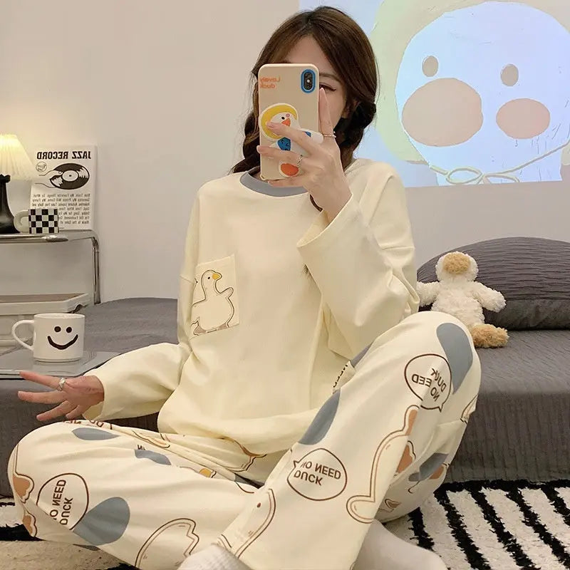 Cartoon Loose And Cute Long-sleeved Pajamas For Women Spring Autumn Set Casual Homewear Outerwear - EX-STOCK Canada