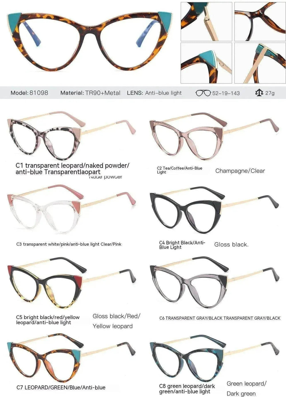 Cat Eye Anti-blue Light Large Frame Slim Look Optical Glasses - EX-STOCK Canada