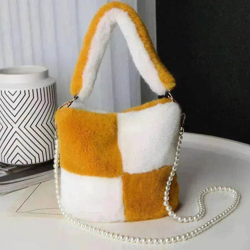 Checkerboard Plush Bucket Bag With Pearl Chain - EX-STOCK Canada