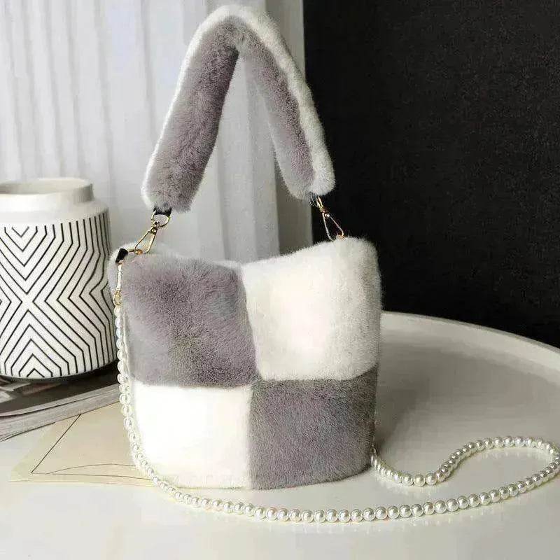 Checkerboard Plush Bucket Bag With Pearl Chain - EX-STOCK Canada