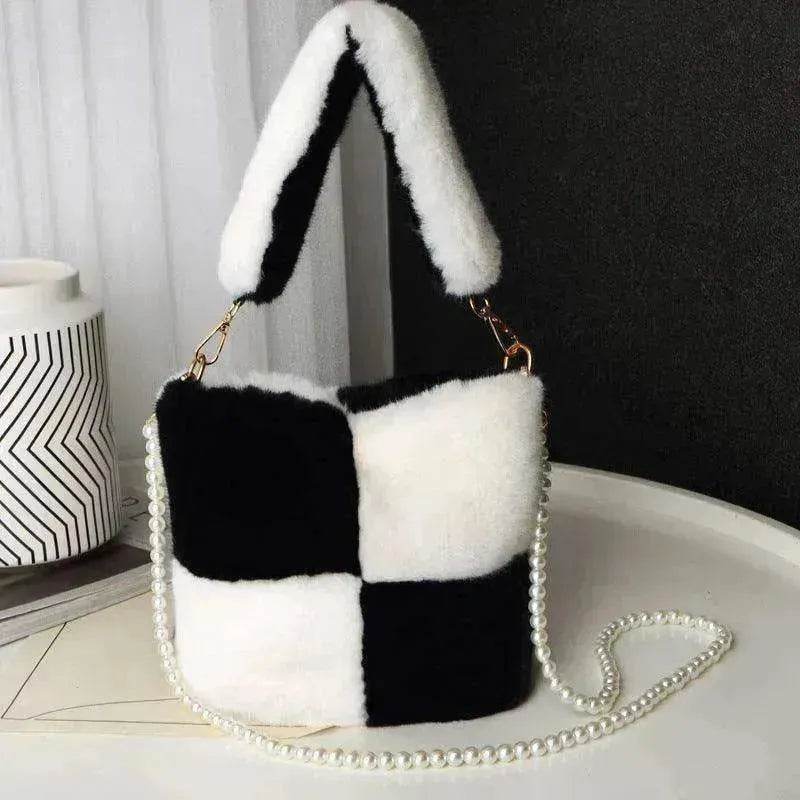 Checkerboard Plush Bucket Bag With Pearl Chain - EX-STOCK Canada