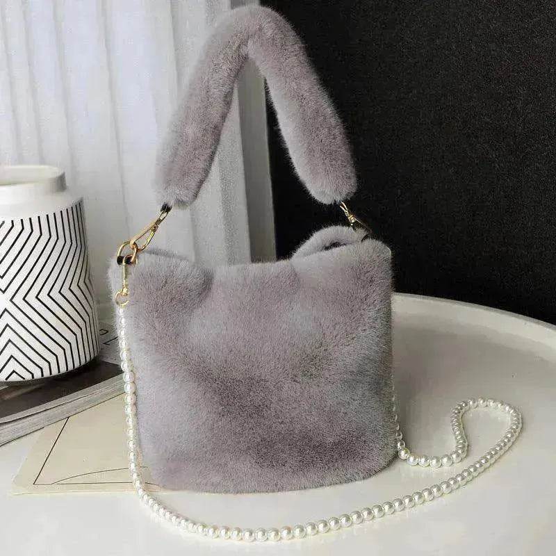 Checkerboard Plush Bucket Bag With Pearl Chain - EX-STOCK Canada