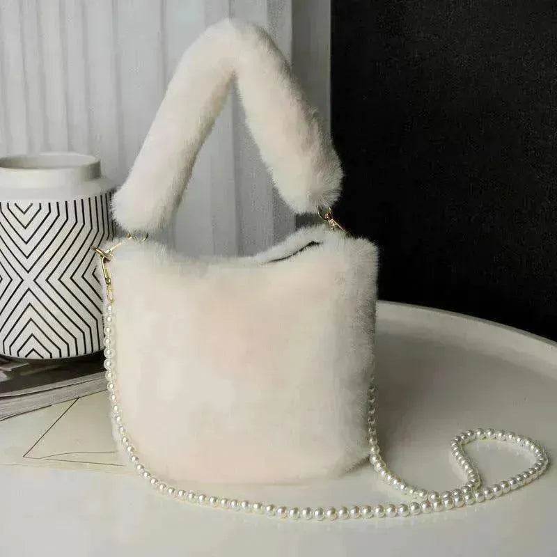 Checkerboard Plush Bucket Bag With Pearl Chain - EX-STOCK Canada