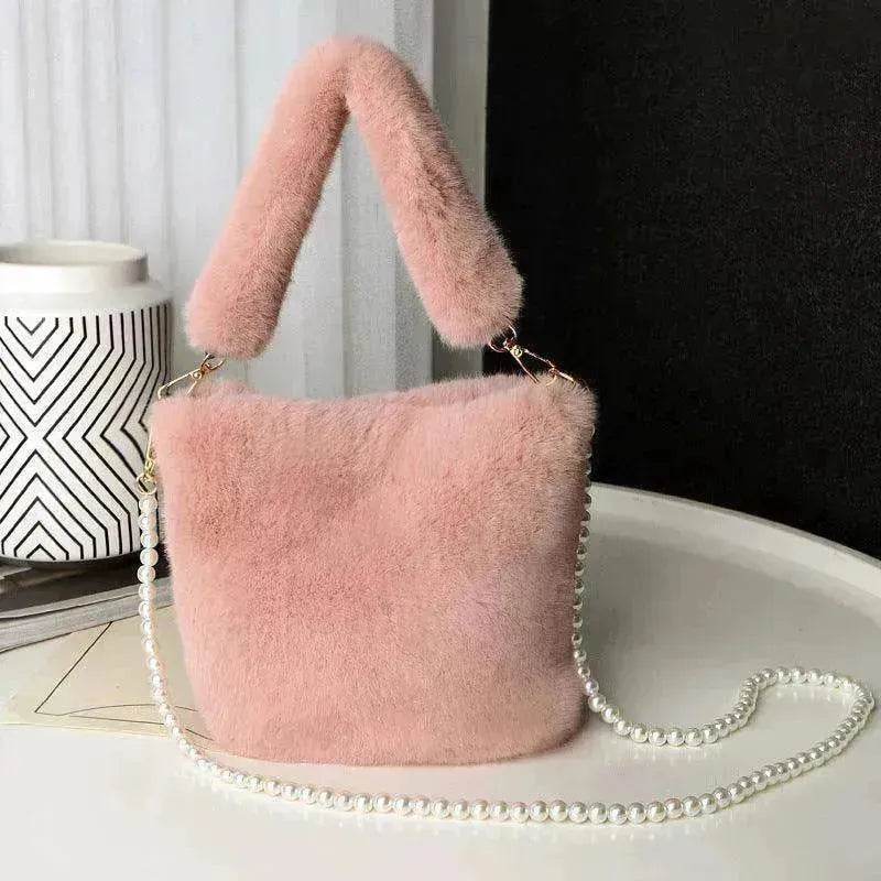 Checkerboard Plush Bucket Bag With Pearl Chain - EX-STOCK Canada