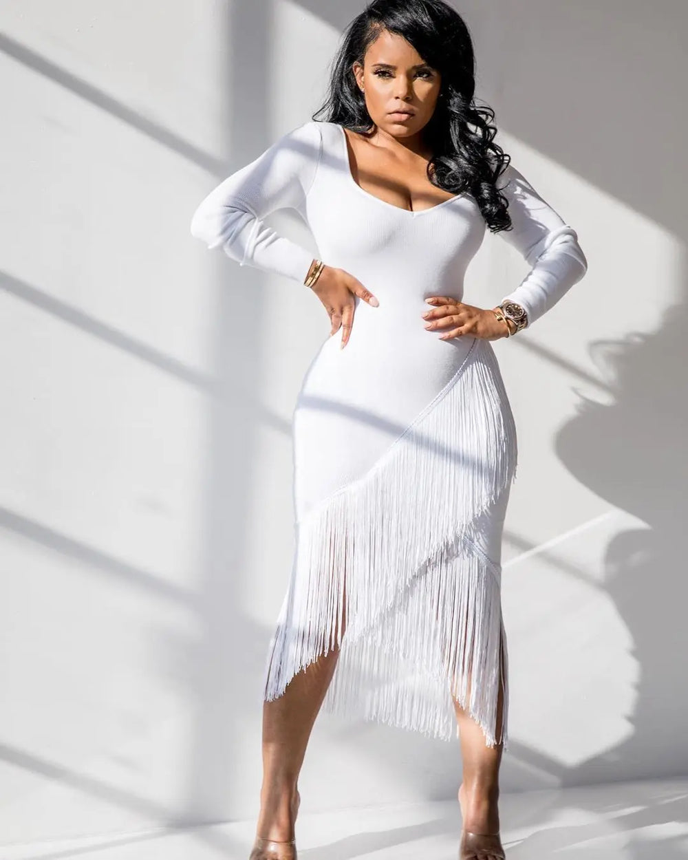 Chic Long Sleeve Tassel Fringed Bodycon Dress - EX-STOCK Canada