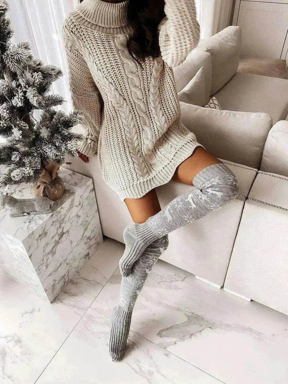 Christmas Knitted Cotton Woolen Thigh-High Deer Socks - EX-STOCK Canada