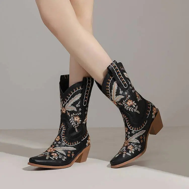 Chunky Heel Embroidery Knee-high Cowboy Boots - EX-STOCK Canada