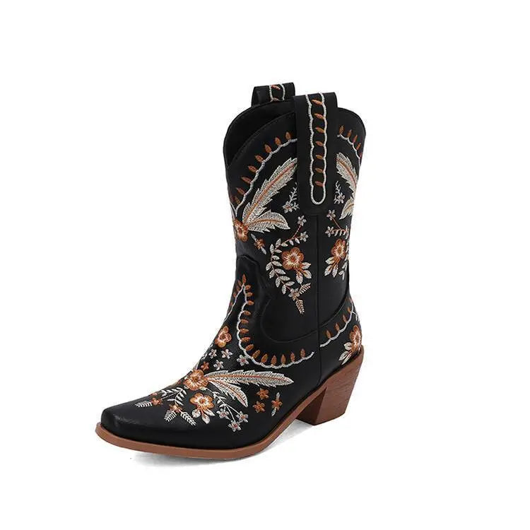 Chunky Heel Embroidery Knee-high Cowboy Boots - EX-STOCK Canada
