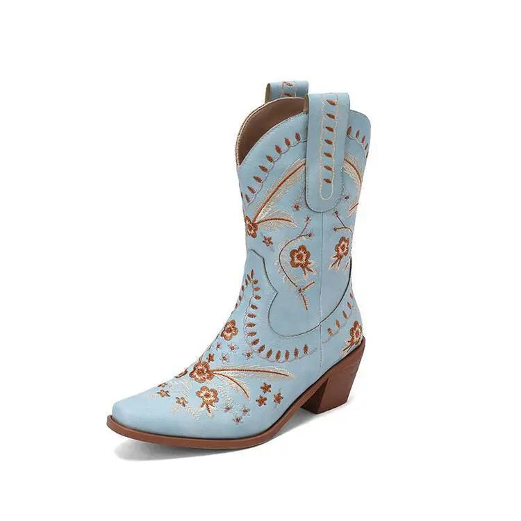 Chunky Heel Embroidery Knee-high Cowboy Boots - EX-STOCK Canada