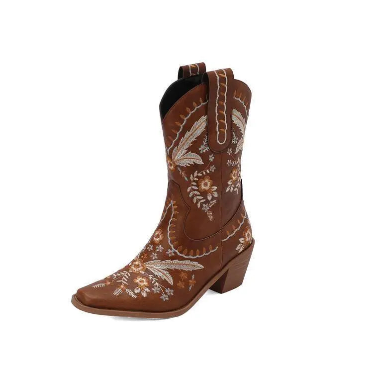 Chunky Heel Embroidery Knee-high Cowboy Boots - EX-STOCK Canada