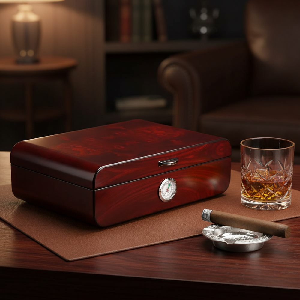 Boîte Humidor à Cigares en Bois de Cèdre – Capacité de 48 Cigares | Rouge et Ébène