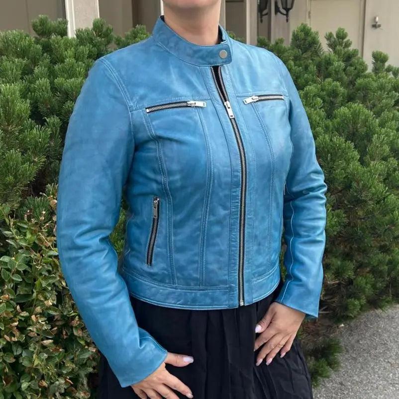 Veste classique pour femmes en cuir d'agneau avec col pressionnéEX-STOCK Canada