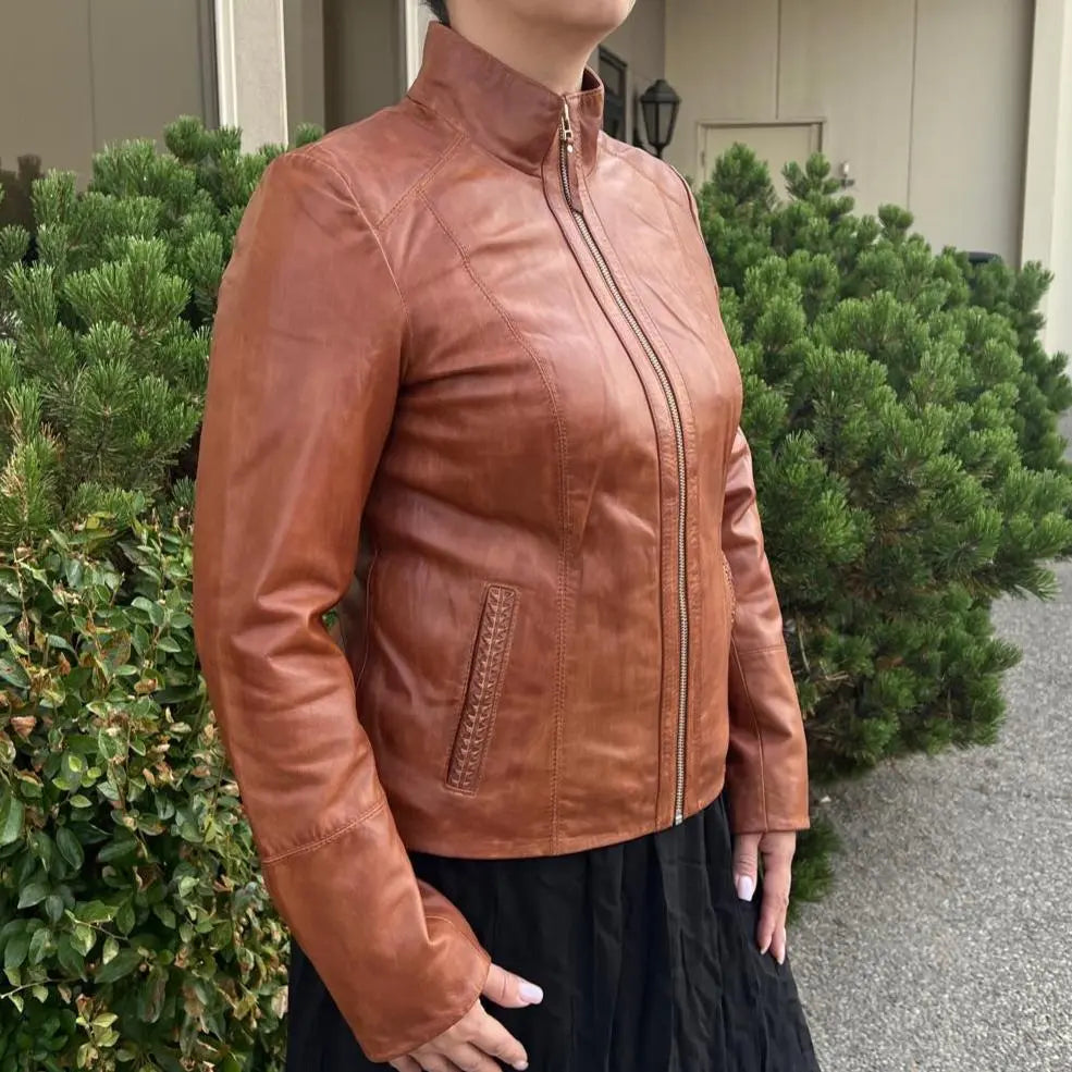 Classic Women's Lamb Leather Zip Jacket with Woven Pocket Design EX-STOCK Canada