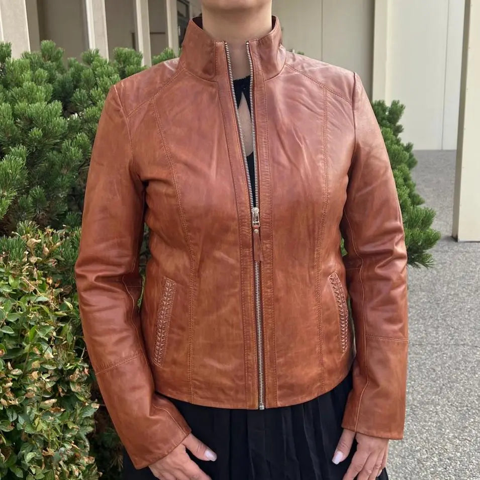 Classic Women's Lamb Leather Zip Jacket with Woven Pocket Design EX-STOCK Canada