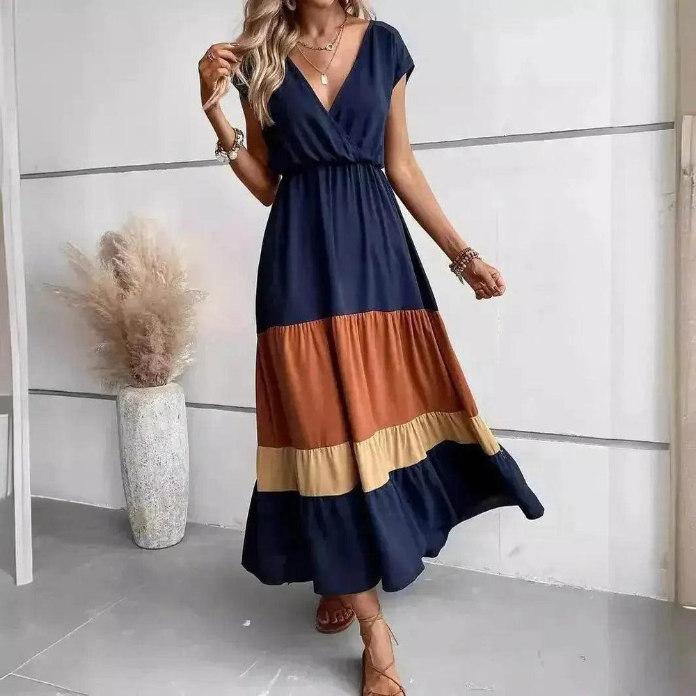 Robe plissée à blocs de couleur col en V col polo décontracté - EX-STOCK Canada