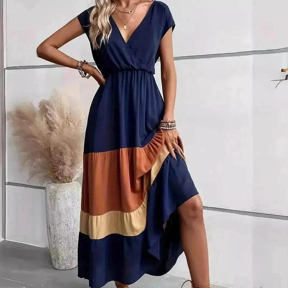 Robe plissée à blocs de couleur col en V col polo décontracté - EX-STOCK Canada