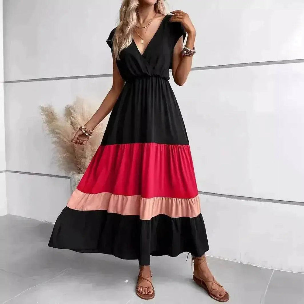 Robe plissée à blocs de couleur col en V col polo décontracté - EX-STOCK Canada