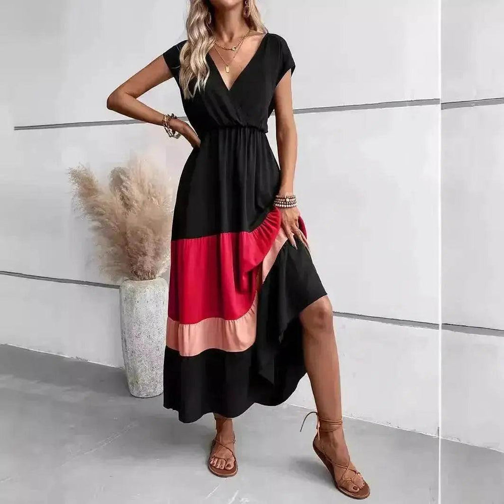 Robe plissée à blocs de couleur col en V col polo décontracté - EX-STOCK Canada