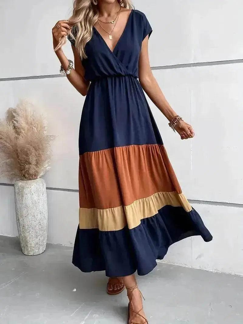 Robe plissée à blocs de couleur col en V col polo décontracté - EX-STOCK Canada