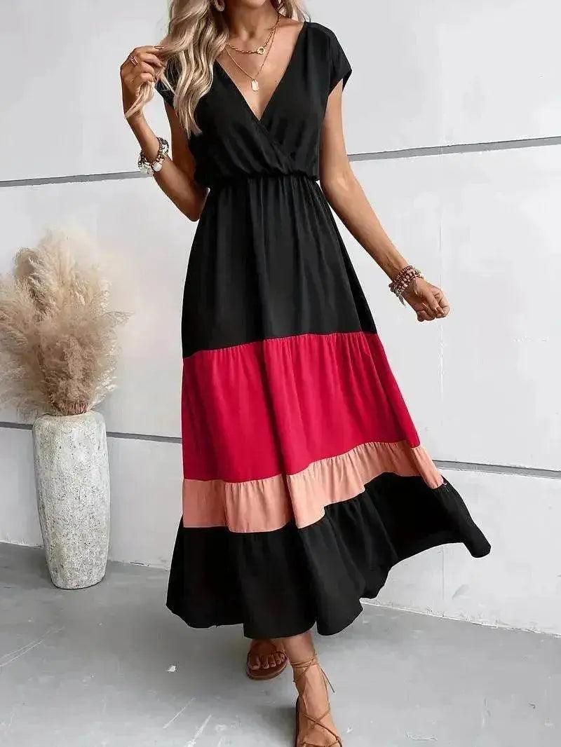 Robe plissée à blocs de couleur col en V col polo décontracté - EX-STOCK Canada