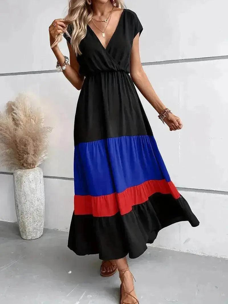 Robe plissée à blocs de couleur col en V col polo décontracté - EX-STOCK Canada