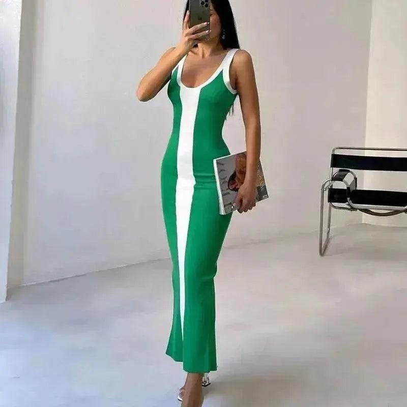Robe à bretelles serrée tricotée mi-longue pour femmes avec couleur contrastante - EX-STOCK Canada