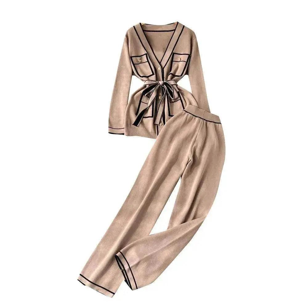 Ensemble deux pièces pour femmes : costume de couleur contrastée, pull à manches longues à col en V avec laçage, pantalon large drapé EX-STOCK Canada